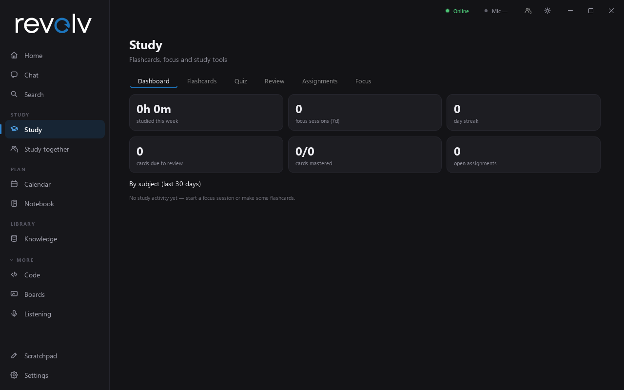 Study dashboard — hours studied, focus sessions, streak, cards due