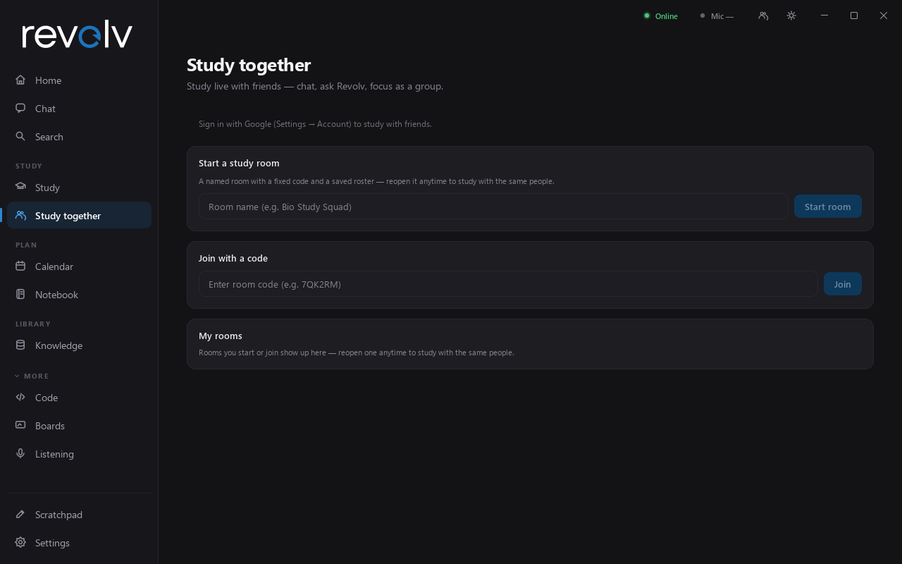 Study together — start a room, join with a code, my rooms